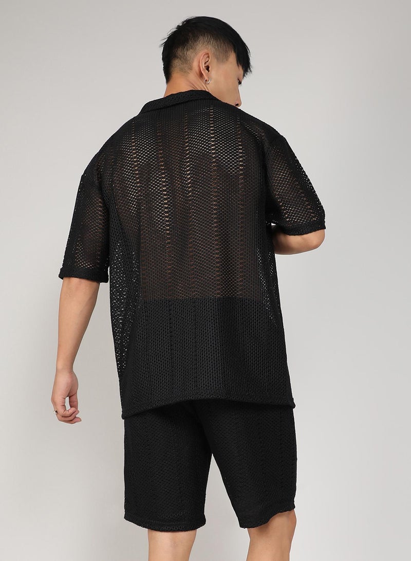Campus Sutra Men's Onyx Black Crochet Co-Ord Set For Casual Wear | Spread Collar | Short Sleeve | Button Closure | Co-Ords Crafted With Comfort Fit For Everyday Wear - Image 3